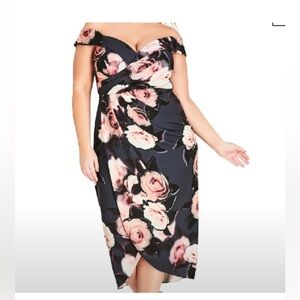City Chic Black and Pink Floral Midi Off-the-Shoulder Dress